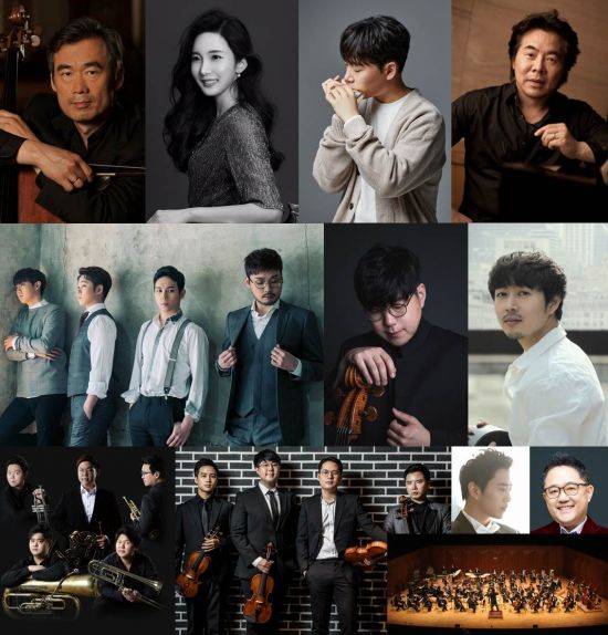 제6회 마포 M 클래식 축제 주요출연진(왼쪽부터 첼리스트 양성원, 첼리스트 임희영, 하모니시스트 박종성, 바리톤 고성현, 포르테 디 콰트로, 첼리스트 심준호, 기타리스트 박종호, 브라스아츠서울, 볼체콰르텟, 지휘 최영선, 해설 장일범, 밀레니엄심포니오케스트라)