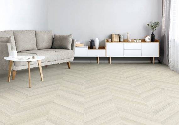 현대L&C의 차음바닥 '소리지움5.0' 오트 쉐브론 패턴이 적용된 거실 현대L&C 제공