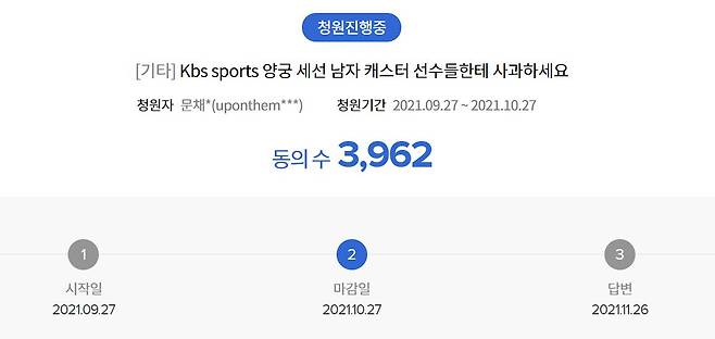 KBS 시청자권익센터에 전날 게시된 이기호 KBSN스포츠 아나운서 관련 청원. /사진= KBS시청자권익센터 캡쳐