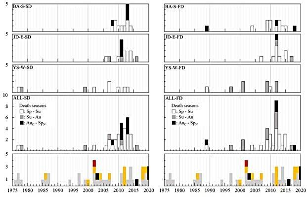 한라산 구상나무의 고사목 발생과 태풍 간 연관성 분석. 왼쪽은 선 채로 죽은 고사목(SD), 오른쪽은 넘어져서 죽은 고사목(FD)이다. *재판매 및 DB 금지