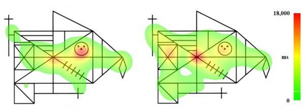 집행 기능이 손상된 강박증 환자(왼쪽)와 비교적 덜 손상된 환자(오른쪽)가 레이복합도형을 외우는 동안의 눈동자 움직임을 나타낸 그림. 오른쪽 그래프의 수치는 눈동자가 머무르는 시간(1/1,000초).