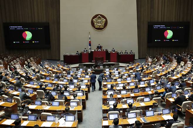 29일 서울 여의도 국회에서 열린 본회의에서 국민의힘 정찬민 의원에 대한 체포동의안이 통과되고 있다. / 사진 = 국회사진기자단