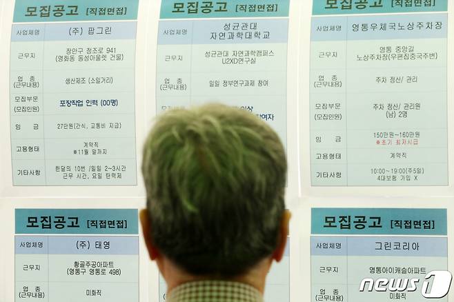 경기도 수원역 광장에서 열린 노일일자리 채용 한마당에서 한 구직자가 일자리를 위해 채용게시판을 살펴보고 있다. /사진=뉴스1
