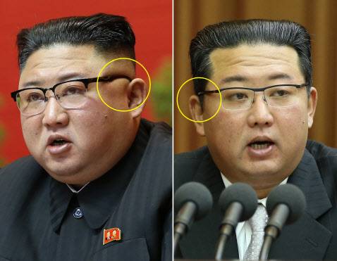 김정은 북한 국무위원장이 지난 1월5일 열린 노동당 제8차 대회에 참석한 모습(왼쪽)과 9월29일 평양 만수대의사당에서 열린 최고인민회의 제14기 제5차 회의에서 시정연설을 하고 있는모습(사진=조선중앙통신/연합뉴스 갈무리).