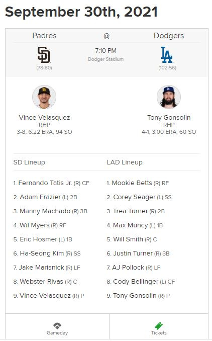 사진=MLB 공식 홈페이지, 선발 나서는 김하성, (한국시간 10월 1일 오전 11시 경기)