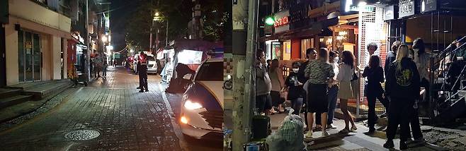 지난 30일 11시 30분쯤 홍대의 모습. 놀이터(왼쪽)엔 경찰을 제외하곤 사람이 거의 없는 반면, 도로변 버스정류장(오른쪽)엔 20명 남짓한 외국인이 모여있다. /최정석 기자