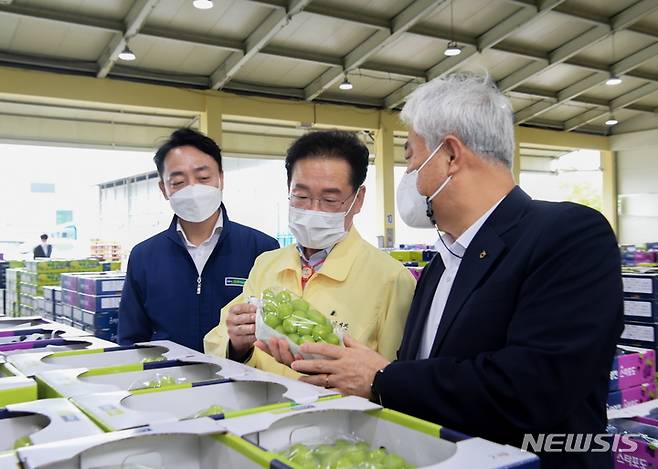 최기문 영천시장이 농산물도매시장과 공판장을 방문해 과수농가를 격려하고 있다