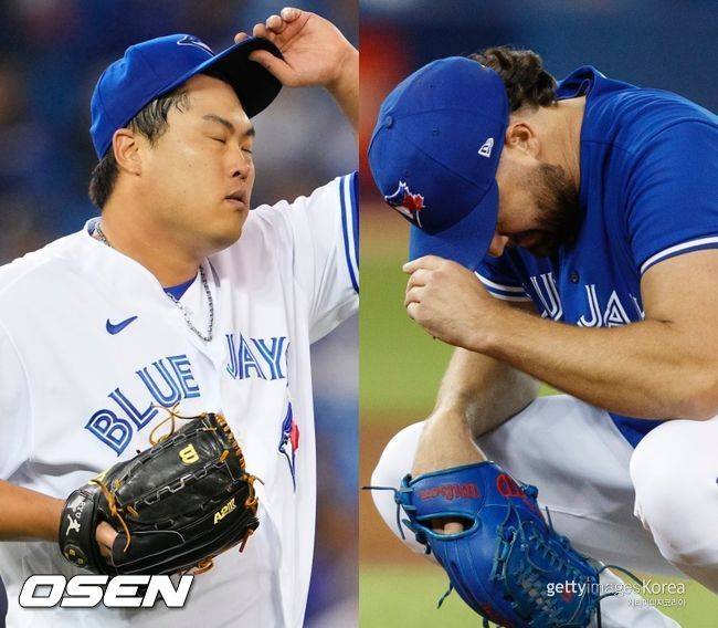 [사진] 토론토 블루제이스 류현진(왼쪽), 로비 레이. ⓒGettyimages(무단전재 및 재배포 금지)