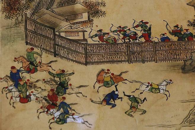 Gakgung bows are used by soldiers in this 1587 painting of “The Wooden Barricade Battle,” in Korea’s Noktundo Delta in the Tumen River at the northern tip of Korea. © 2020 Hyungwon Kang