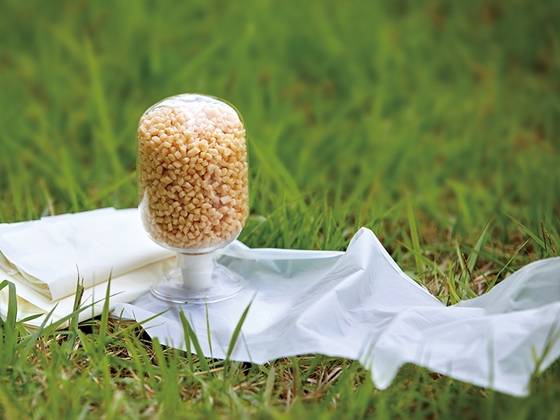 삼양사가 세계 최초로 개발한 이소소르비드 기반 생분해성 플라스틱과 이를 이용해 만든 플라스틱 필름. /사진=삼양사