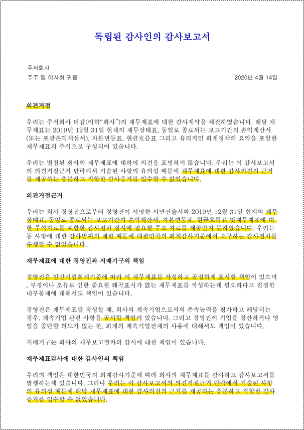 2020년 4월 감사보고서./자료제공=김상훈 의원실