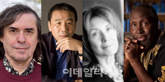 해외 유명 베팅사이트가 2021년 노벨문학상 유력 후보로 예측한 작가 미르체아 카르타레스쿠(왼쪽부터), 무라카미 하루키, 아니 에르노, 응구기 와 시옹오(사진=미르체아 카르타레스쿠 페이스북, 문학동네, 토지문화재단)