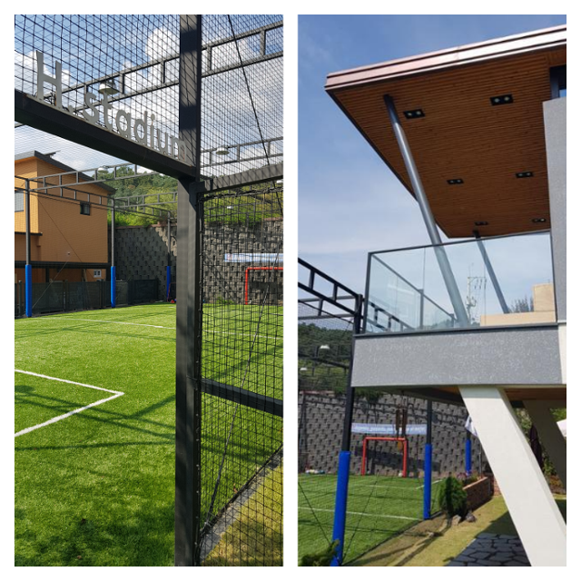 집 앞의 축구장. 'H. 스타디움'의 'H'는 부자의 성인 '황'의 이니셜이다. 2층 발코니 기둥은 경기장처럼 원형으로, 난간은 축구장을 잘 내려다 볼 수 있게 투명 유리로 제작했다. 송옥진 기자