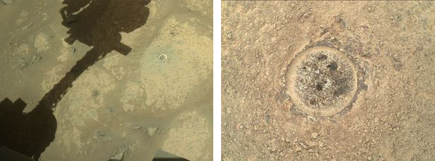 로버의 시추 작업 전 로봇팔 그림자(왼쪽)와 시추를 위해 일부 구멍을 낸 암석(오른쪽). 하지만 첫 시추는 시료가 용기에 남지 않고 흩어져 허탕으로 돌아갔다./NASA