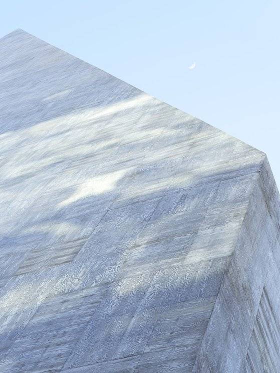 목판 거푸집을 사용해 소나무 질감을 살린 ST송은빌딩 콘크리트 외벽. © Jihyun Jung.[사진 송은문화재단]