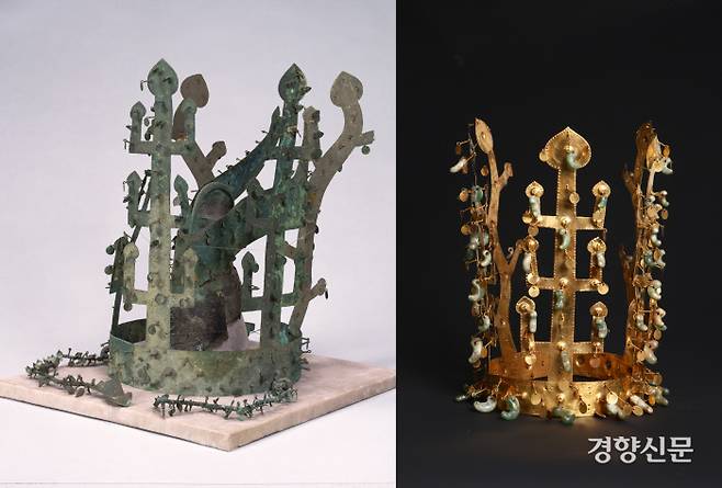 1920년 11월 경남 양산 부부총에서 출토된 금동관(왼쪽). 1921년 9월 경주 금관총에서 우연히 발견된 금관(오른쪽)보다 10개월 먼저 나왔다. 형태나 제작기법이 쌍둥이라 할만큼 흡사하다. 부부총 금동관은 남성 피장자가 머리에 쓴 그대로 출토되었다. 따라서 조각난채 분해되어 출토된 금관총 금관을 조립할 때 이 부부총 금동관을 옆에 두고 조금씩 조금씩 맞춰갔다고 한다. |양신시립박물관 제공