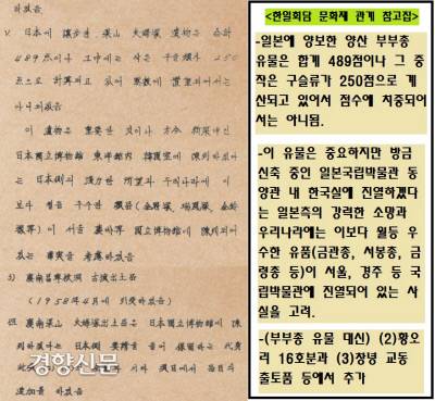 양산 부부총 유물 489점은 일본 국립도쿄박물관이 신축중인 동양관 내 한국실에 진열하겠다고 강력히 주장하는 바람에 반환이 좌절됐다. 그런데 1965년 문화재관리국(문화재청)이 작성한 ‘한일회담 문화재 관계 참고집’를 보면 그 이유가 기막히다. 문화재관리국은 “일본에 양보한 양산 부부총 유물(489점) 중 작은 구슬류가 250점이라 점수에 연연해서는 안되고, 우리나라에 이보다 우수한 유품(금관총·서봉총·금령총)이 국립박물관에 진열되어 있다”고 변명했다.