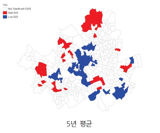 2015~2019년 5년 동안 서울시 주거지역 가운데 화재가 집중적으로 많이 발생한 지역(빨간색)과 적게 발생한 지역(파란색)의 분포도. 주택도시연구, SH공사 제공.