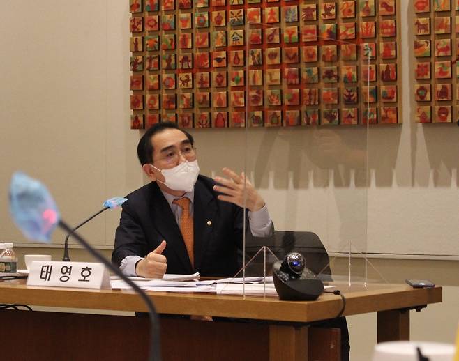 주유엔 한국대표부 국정감사에서 질의하는 태영호 의원 (뉴욕=연합뉴스) 강건택 특파원 = 11일(현지시간) 미국 뉴욕 주유엔 한국대표부에서 열린 국회 외교통일위원회 국정감사에서 질의하는 국민의힘 태영호 의원. 2021.10.12.  firstcircle@yna.co.kr
