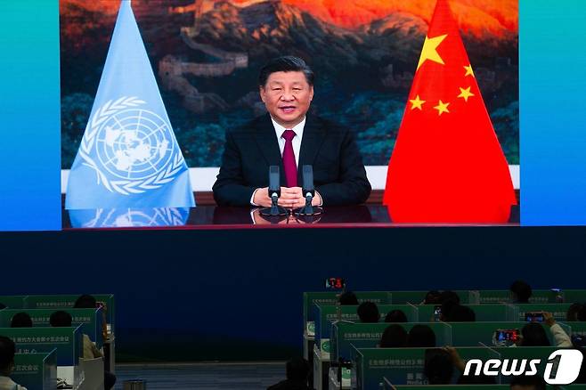 시진핑 중국 국가주석이 2021년 10월 12일 (현지시간) 윈난성 쿤밍에서 열린 제15차 유엔 생물다양성협약 당사국 총회서 화상으로 연설을 하고 있다. © AFP=뉴스1 © News1 우동명 기자