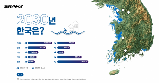 그린피스가 공개한 2030년 한국의 침수 피해 시뮬레이션 결과./사진=그린피스 웹사이트 캡처