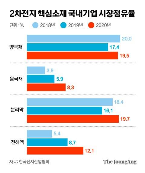 2차전지 핵심소재 국내기업 시장점유율. 그래픽=차준홍 기자 cha.junhong@joongang.co.kr