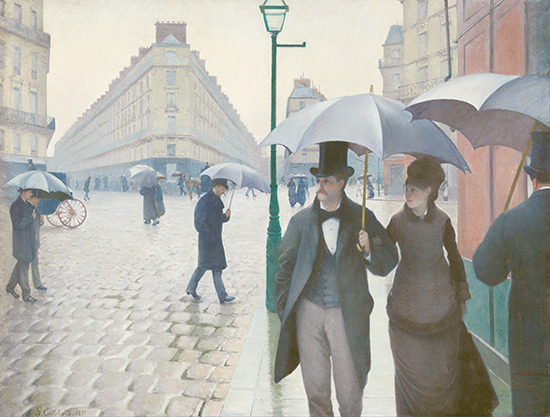 ‘파리 거리, 비 오는 오후(Rue de Paris, temps de pluie, 1877년)’. 급격한 도시 변화와 그 속에서 살아가는 동시대인들의 모습을 담은 그의 대표작 가운데 한 점. 미국 시카고 미술관(The Art Institute of Chicago) 소장품이다.