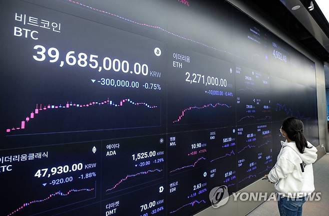 사진은 서울 강남구 업비트 라운지의 전광판에 가상화폐 거래 상황이 표시되어 있는 모습. [연합뉴스 자료사진]