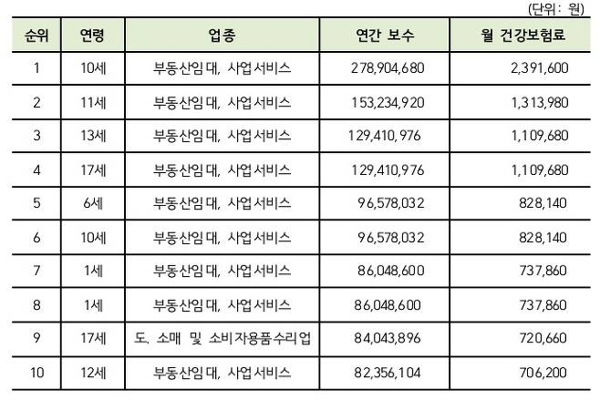 미성년자 사업장대표자 월 건강보험료 부과액 상위 10위. /자료=더불어민주당 서영석 의원실