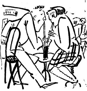 도심 산보를 즐기던 모던 커플이 아이스커피 한잔을 놓고 빨대로 같이 마시고 있는 만문만화. 조선일보 1930년 7월16일자