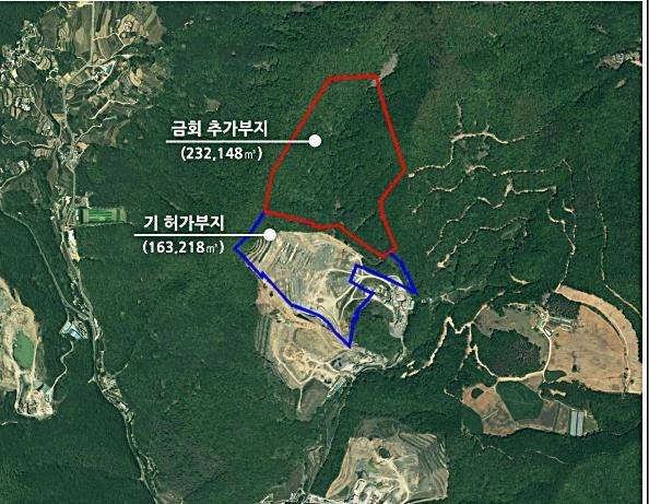 대원씨앤엠이 현재 운영 중인 채석장(파란색 표시)과 확장을 추진하는 지점(빨간색) 위치도. [울주군 제공. 재판매 및 DB 금지]