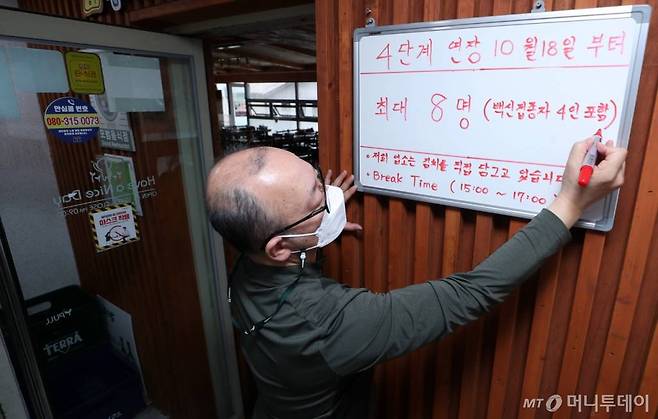 정부가 오는 18일부터 사회적 거리두기 현행 4단계 체제를 2주간 유지하고 사적모임 인원 제한 기준을 수도권 최대 8명, 비수도권 최대 10명으로 확대된 방역지침 조정안을 발표한 15일 서울 종로구의 한 식당에서 관계자가 거리두기 안내문을 수정하고 있다. /사진=김휘선 기자 hwijpg@