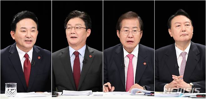 [제주=뉴시스] 우장호 기자 = 국민의힘 원희룡·유승민·홍준표·윤석열 대선 경선 후보. (제주도사진기자회) 2021.10.13. woo1223@newsis.com