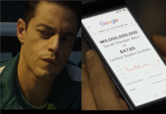 라미 말렉이 검색창에 40억 원이 달러로 얼마인 지 검색을 해 본 뒤, 47.89 달러라는 검색 결과에 의아한듯한 표정을 짓고 있다 / 사진 = 유튜브 채널 'SaturdayNight Live' 캡처