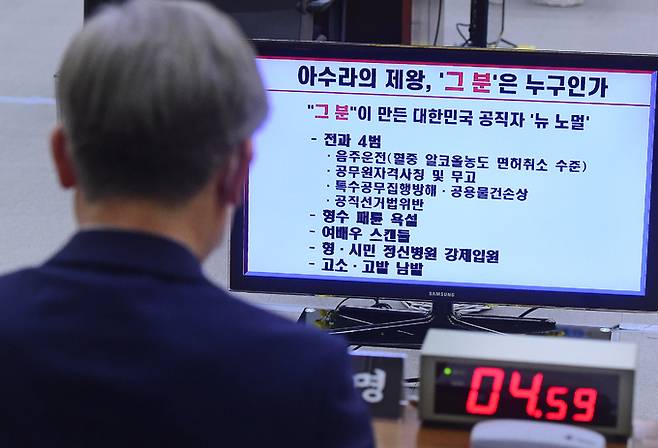 더불어민주당 대선 후보인 이재명 경기지사가 18일 경기도청에서 열린 국회 행정안전위원회의 경기도에 대한 국정감사에서 의원 질의를 들으며 화면을 바라보고 있다. 뉴스1