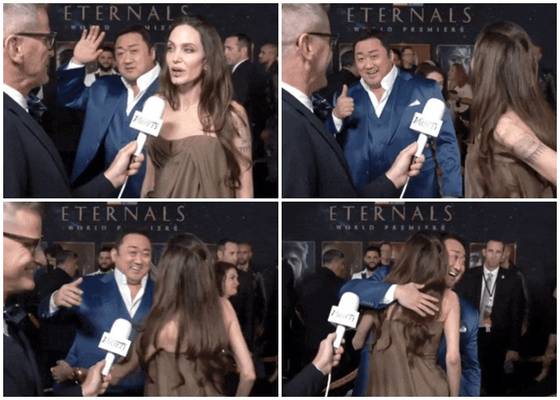 18일(현지시간) 미국 로스앤젤레스(LA)에서 열린 마블 영화 '이터널스' 월드 프리미어에 참석한 마동석이 안젤리나 졸리와 포옹을 나누고 있다. 〈사진=현지 영상 캡처〉