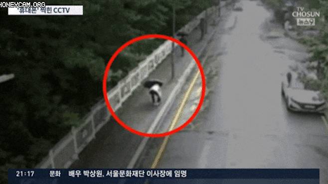 지난달 29일 유동규 전 성남도시개발공사 기획본부장이 검찰의 압수수색 당시 투척한 휴대전화를 한 남성이 가져가는 모습이 CCTV에 포착됐다. /TV 조선