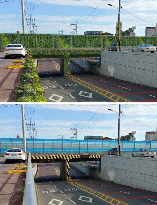 전남 순천시는 고가도로 방음벽과 교각 등에 식물을 심은 ‘수직 정원’을 조성했다. 아래쪽 사진은 조성 전 모습. 순천시는 이 같은 수직 정원을 도로 방음벽에도 만들어 미세먼지와 소음을 줄일 계획이다. 환경부 제공