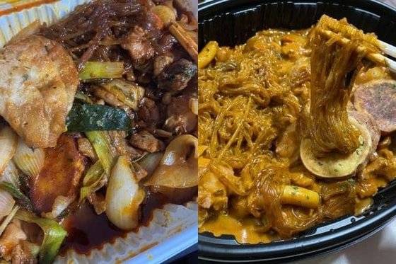 글쓴이가 배달 받은 찜닭(왼쪽), 실제 판매 중인 로제 찜닭(오른쪽). [온라인 커뮤니티 캡처]