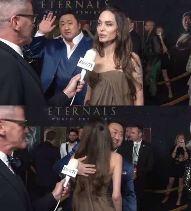 마동석은 ‘이터널스’에 함께 출연한 할리우드 배우 안젤리나 졸리와 반갑게 인사를 나눴다. [트위터 캡처]