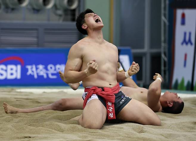 [서울=뉴시스]김민정(영월군청)의 포효.(사진=대한씨름협회 제공)