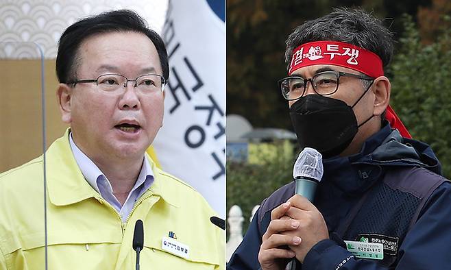 김부겸 국무총리가 19일 세종시 정부세종청사에서 서울과 영상으로 연결해 열린 국무회의를 주재하며 발언하고 있다.(왼쪽 사진) 같은 날 이영철 건설노조 건설기계분과위원장이 서울 여의도 국회 앞에서 열린 건설노동자 위험작업 거부 및 10월 20일 총파업 선포 기자회견에서 발언하고 있다. 연합뉴스