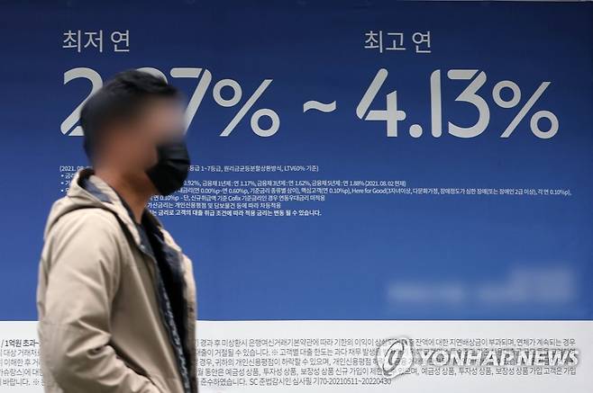 치솟는 대출금리, 5% 육박 (서울=연합뉴스) 김인철 기자 = 한국은행 기준금리 인상 등의 영향으로 주요 시중은행의 대출금리가 한 달 반 사이 0.5%포인트 상승했다. 변동금리가 아닌 주택담보대출 혼합형(고정형) 금리도 같은 기간 연 2.92∼4.42%에서 3.14∼4.95%로 상승해 5%대 진입을 눈앞에 두고 있다.
    사진은 18일 서울 시내의 한 은행 앞에 걸린 대출 안내문 모습. 2021.10.18 yatoya@yna.co.kr