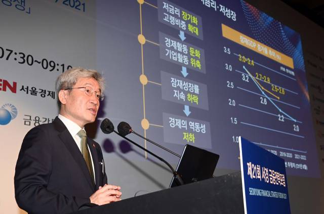 20일 서울경제신문 주최로 소공동 더 플라자호텔에서 열린 ‘제21회 서경 금융전략포럼’에 기조강연자로 참석한 고승범 금융위원장이 금융환경 변화 및 향후 금융정책 방향에 대해서 발표를 하고있다./사진=이호재기자