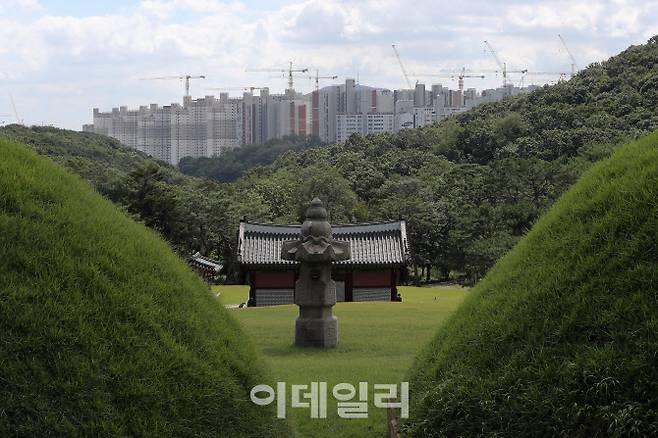 경기도 김포시 풍무동 장릉(사적 제202호)에서 보이는 인천 서구 검단신도시에 짓고 있는 아파트 단지(사진=뉴스1)