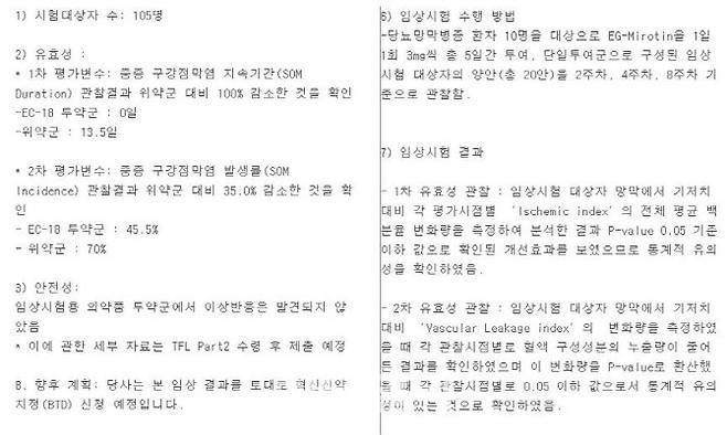 (왼쪽)엔지켐생명과학 EC-18 임상 2상 공시에는 통계적 유의성에 대한 언급이 없다. 반면 (오른쪽)코스닥 A사는 공시가이드라인에 맞춰 통계적 유의성 결과를 공시했다. (자료=금감원)