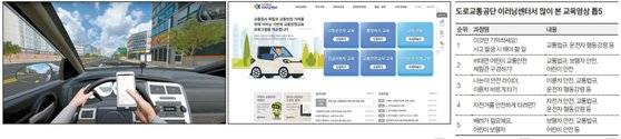가상현실(VR)로 스마트폰 사용 시 발생하는 위험 상황을 체험하는 모습(왼쪽)과 지난해 3월 오픈한 ‘도로교통공단 이러닝센터’ 메인화면.