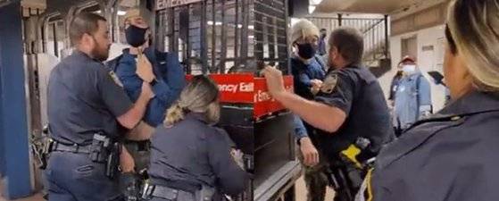 미국 뉴욕에서 경찰에게 마스크를 왜 안 쓰는지 물었다가 쫓겨나는 앤디 길버트의 모습. [트위터 캡처]