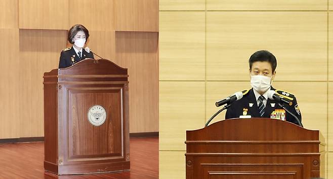 노승일(오른쪽) 충남경찰청장이 21일 각각 대전·충남 경찰청에서 열린 76주년 경찰의 날 기념식에서 기념사를 말하고 있다.(사진=대전·충남경찰청 제공) *재판매 및 DB 금지