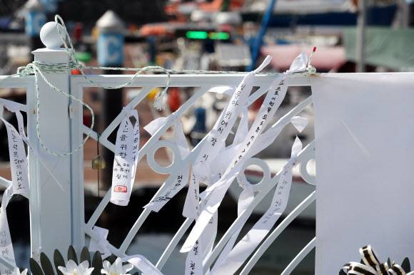 하늘에선 이런 아픔 없기를…  故 홍정운 실습생 추모 리본   - 14일 오전 전남 여수시 웅천동 이순신 마리나 요트장에서 현장실습 도중 사고로 숨진 홍정운군을 기리는 추모 리본이 바람에 날리고 있다. 여수의 한 특성화고 3학년인 홍군은 지난 6일 요트 바닥에 붙은 따개비 제거를 위해 잠수했다가 납벨트를 풀지 못하고 익사했다.여수 연합뉴스